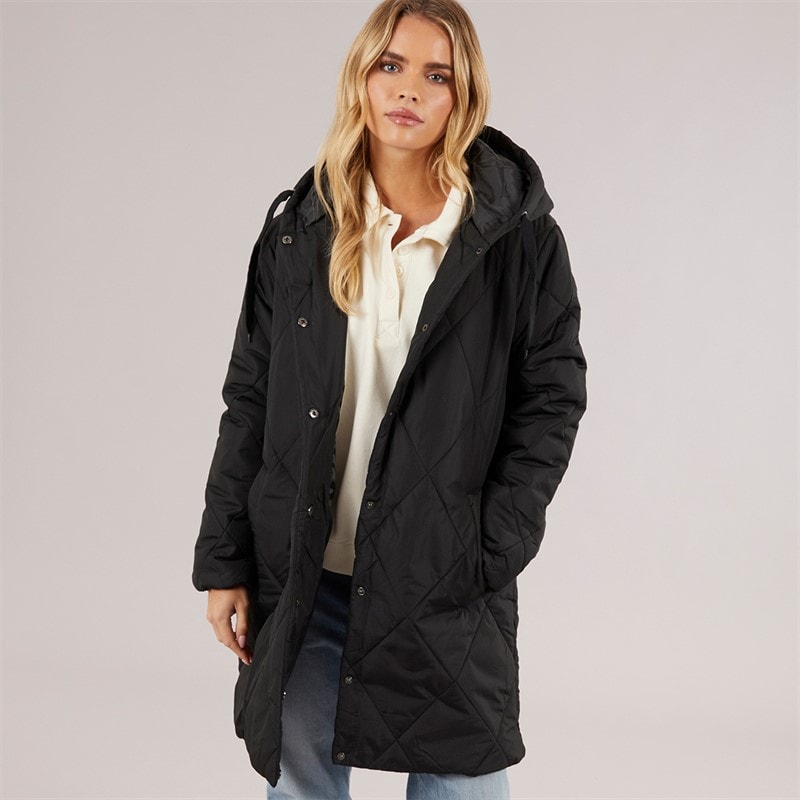 Brave Soul Womens Chantria Long Hooded Diamond Quilt Coat Black - Image 1
