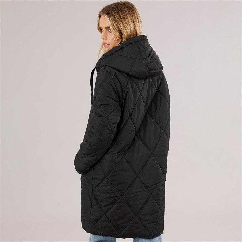 Brave Soul Womens Chantria Long Hooded Diamond Quilt Coat Black - Image 2