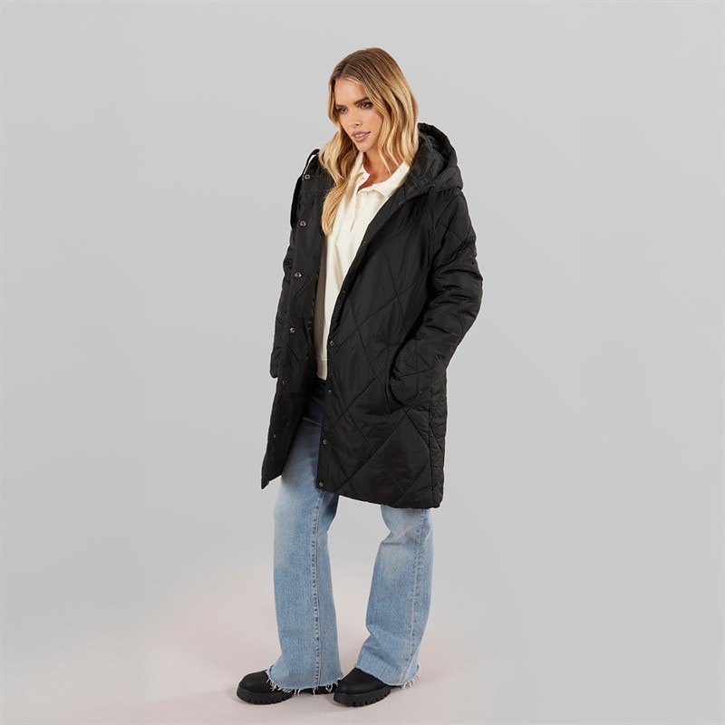 Brave Soul Womens Chantria Long Hooded Diamond Quilt Coat Black - Image 3