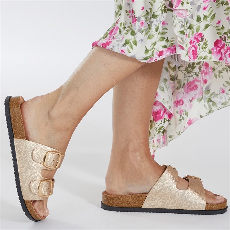 Brave Soul Womens Evie Double Buckle Sandals Rose Gold