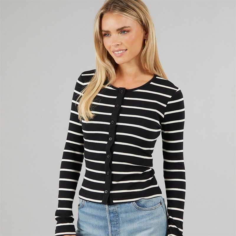 Brave Soul Womens Long Sleeve Button Down Striped Top Black/Cream - Image 1