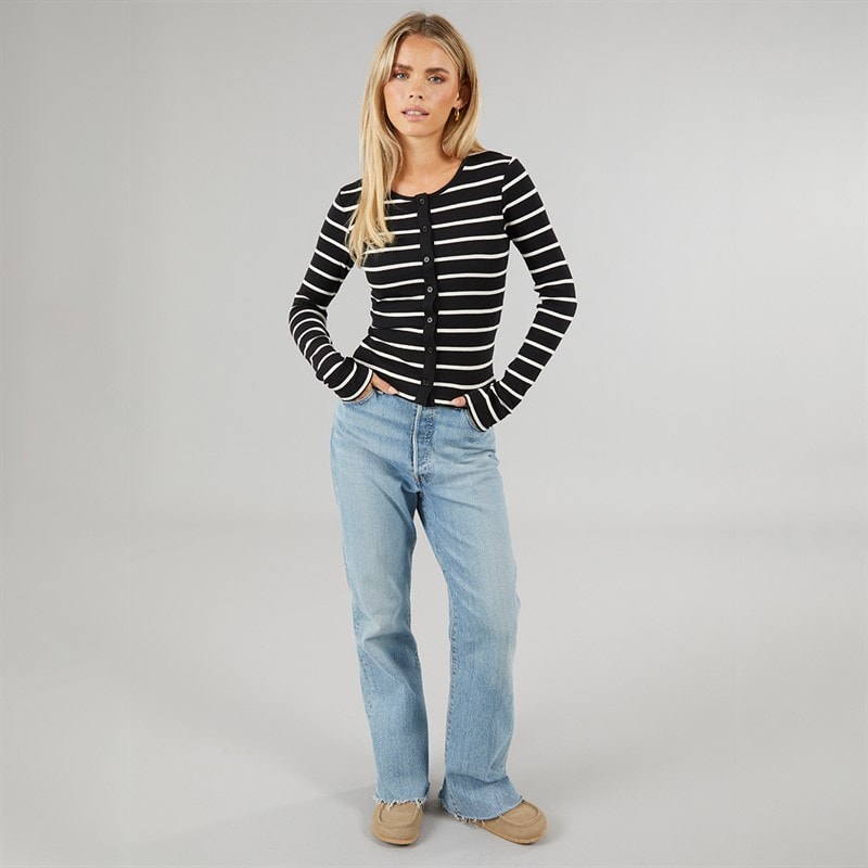 Brave Soul Womens Long Sleeve Button Down Striped Top Black/Cream - Image 4