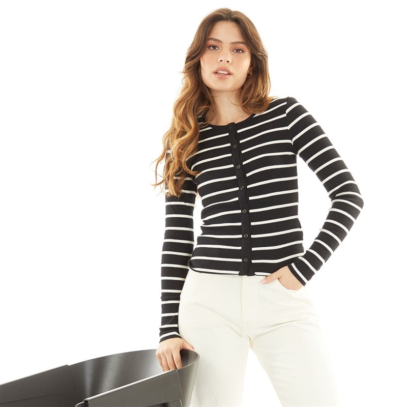 Brave Soul Womens Long Sleeve Button Down Striped Top Black/Cream - Image 5