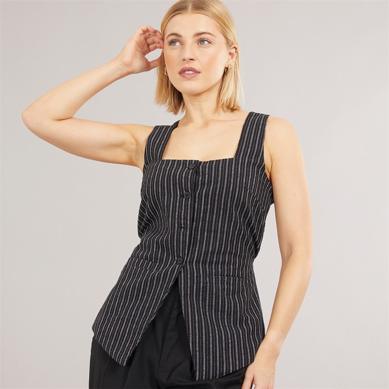 Brave Soul Womens Stripe Tie Waistcoat Black/Cream - Image 1
