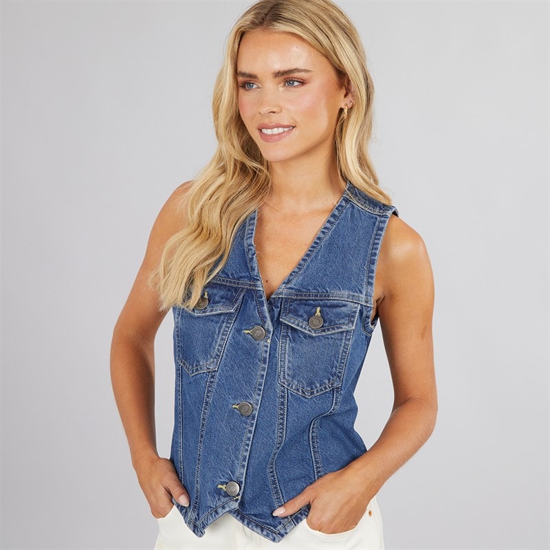 Brave Soul Womens Denim Button Through Vest Mid Vintage Wash - Image 1