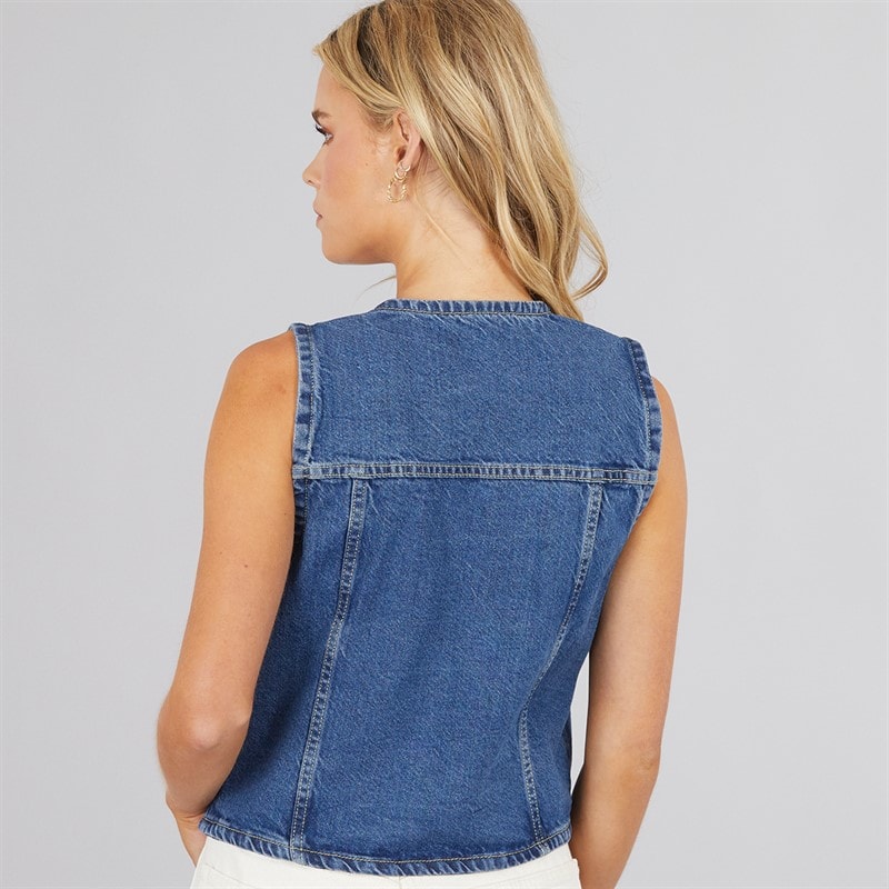 Brave Soul Womens Denim Button Through Vest Mid Vintage Wash - Image 2