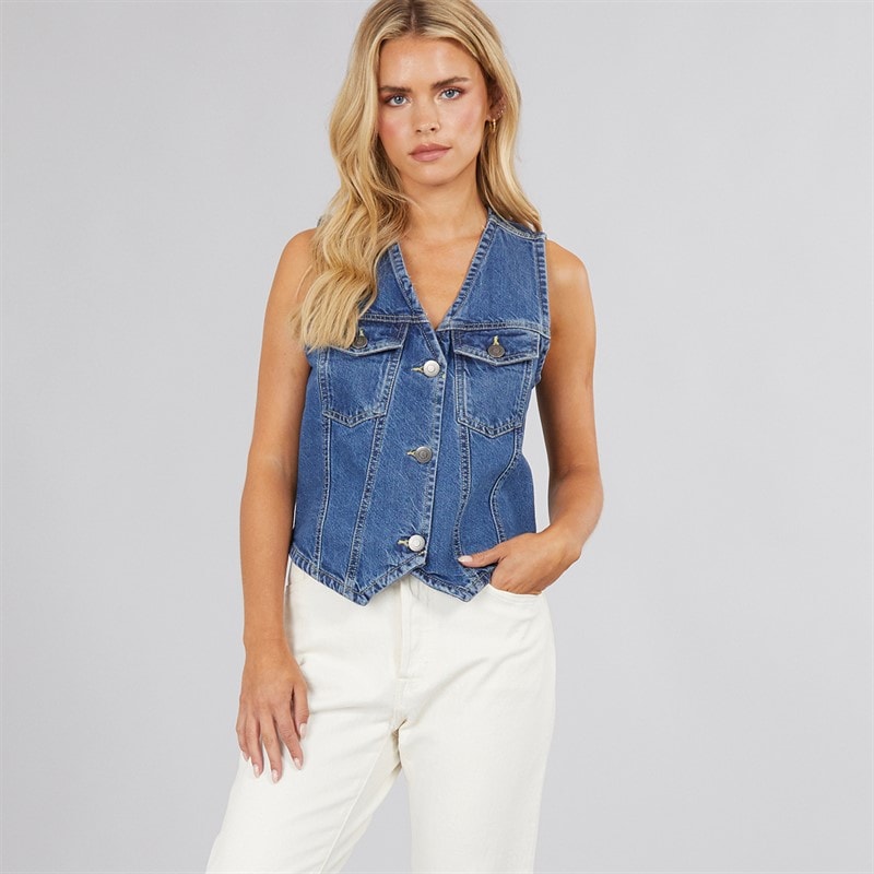 Brave Soul Womens Denim Button Through Vest Mid Vintage Wash - Image 3
