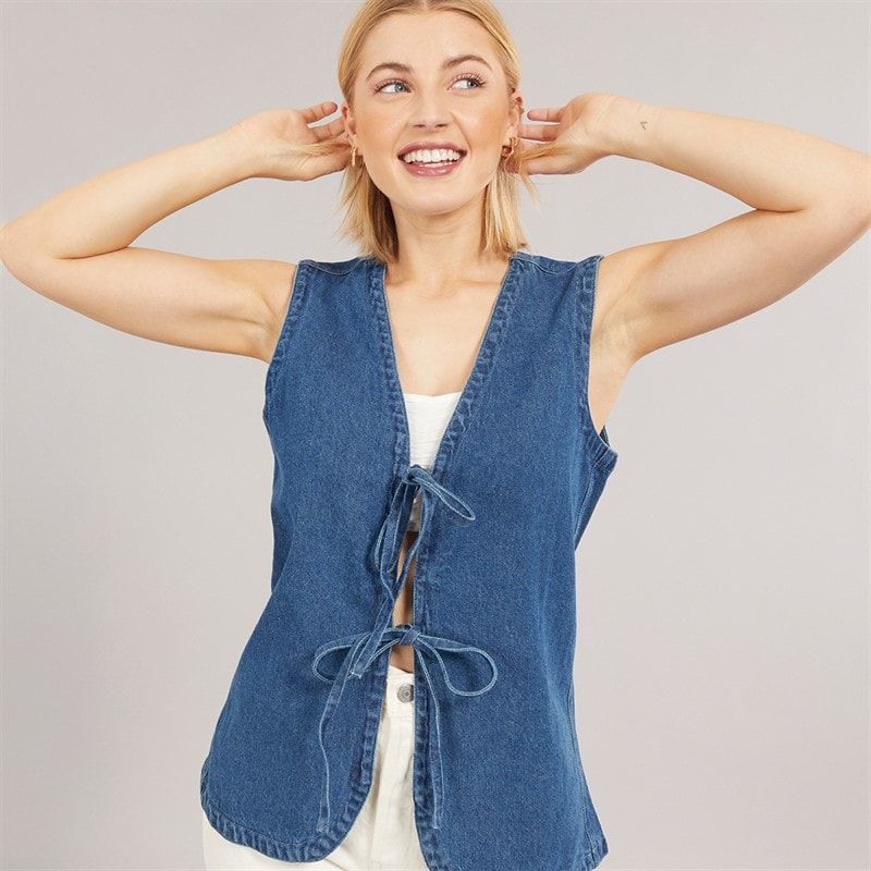 Brave Soul Womens Tie Front Waistcoat Blue Denim - Image 1