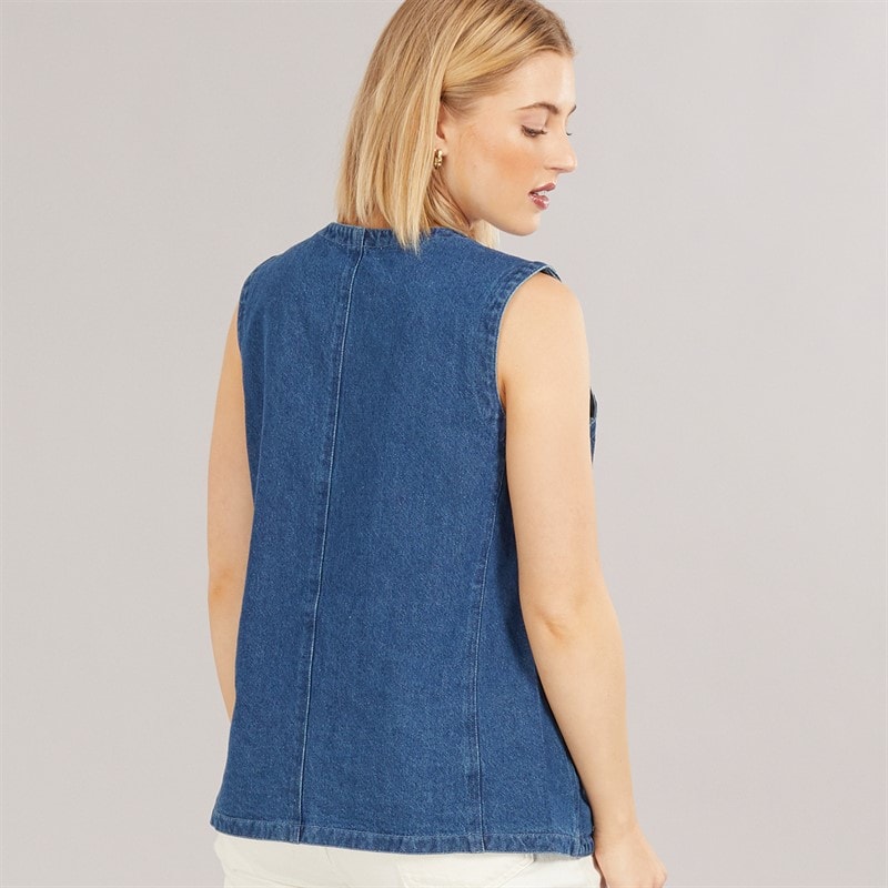Brave Soul Womens Tie Front Waistcoat Blue Denim - Image 2