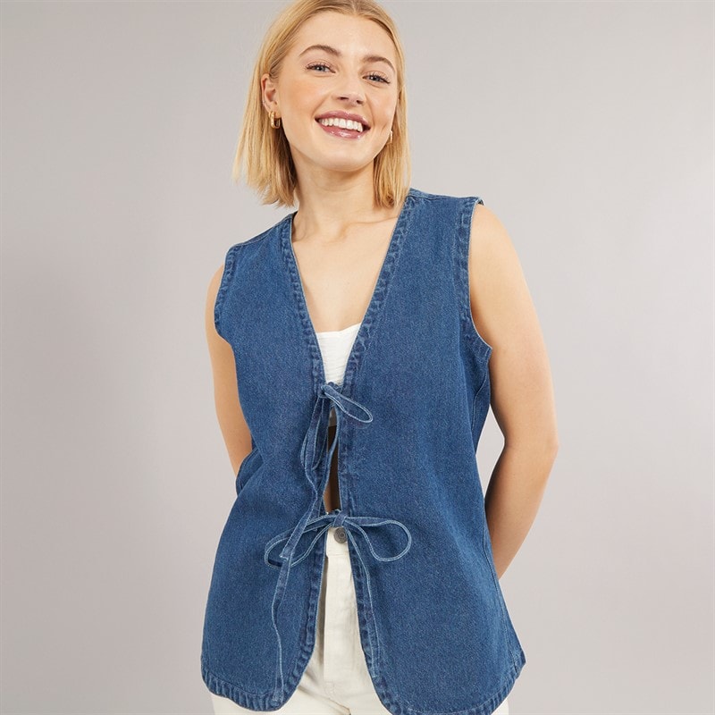 Brave Soul Womens Tie Front Waistcoat Blue Denim - Image 3
