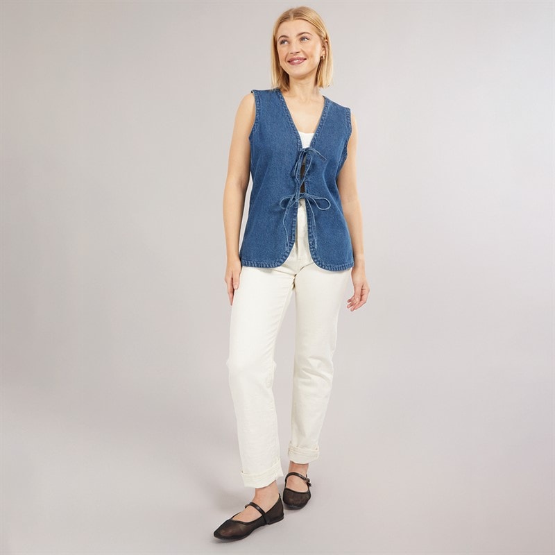 Brave Soul Womens Tie Front Waistcoat Blue Denim - Image 4