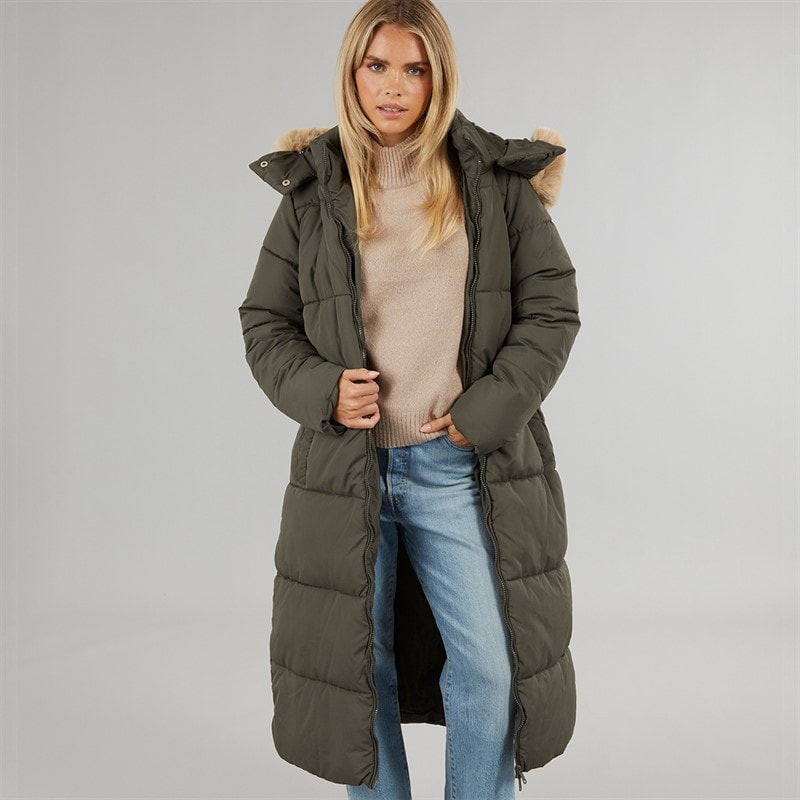 Brave Soul Womens Jewels Long Puffer Coat Khaki - Image 1