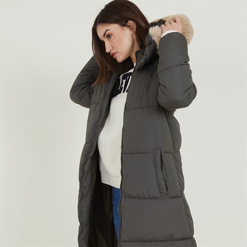 Brave Soul Womens Jewels Long Puffer Coat Khaki - Image 3
