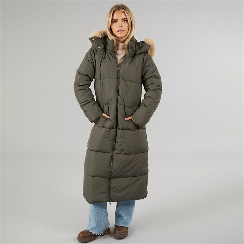 Brave Soul Womens Jewels Long Puffer Coat Khaki - Image 4