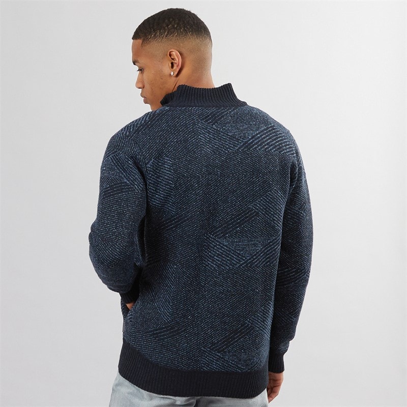 Brave Soul Mens Eadred Fully Lined Zip Through Funnel Neck Jumper Navy Twist - Image 2