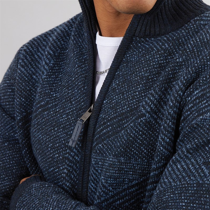 Brave Soul Mens Eadred Fully Lined Zip Through Funnel Neck Jumper Navy Twist - Image 3