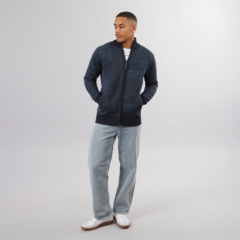 Brave Soul Mens Eadred Fully Lined Zip Through Funnel Neck Jumper Navy Twist - Image 4