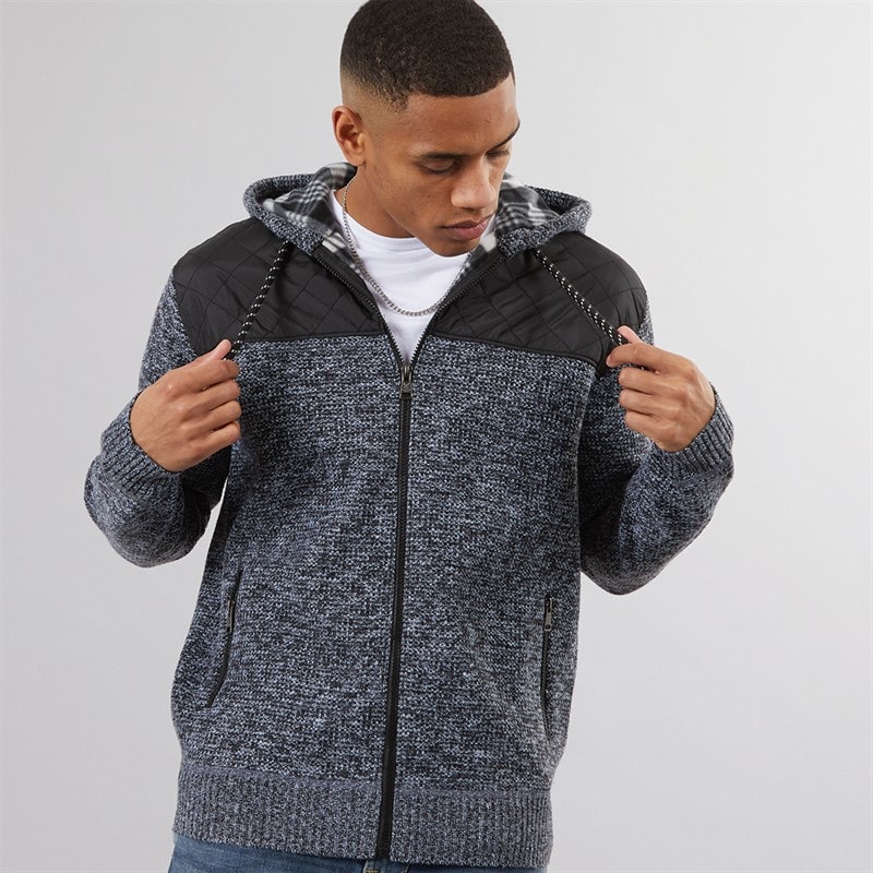 Brave Soul Mens Sweyn Fully Lined Zip Through Hoodie Jet Black/Black/White Twist - Image 1
