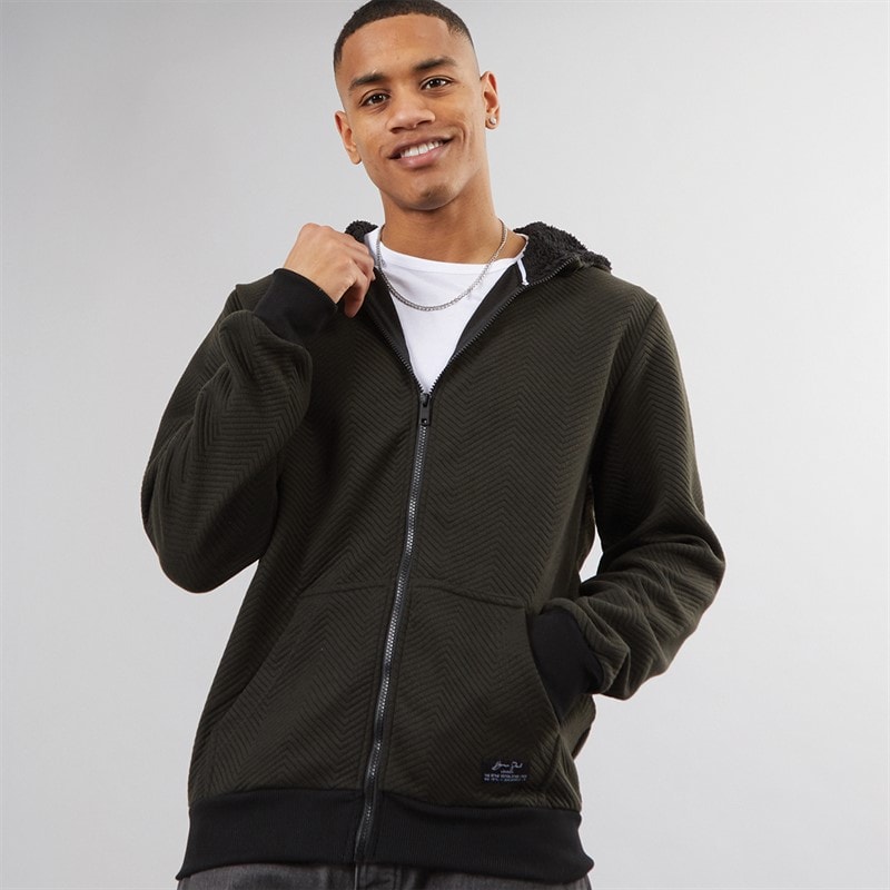 Brave Soul Mens Tyne Zip Through Hoodie Khaki Chevron/Jet Black - Image 1