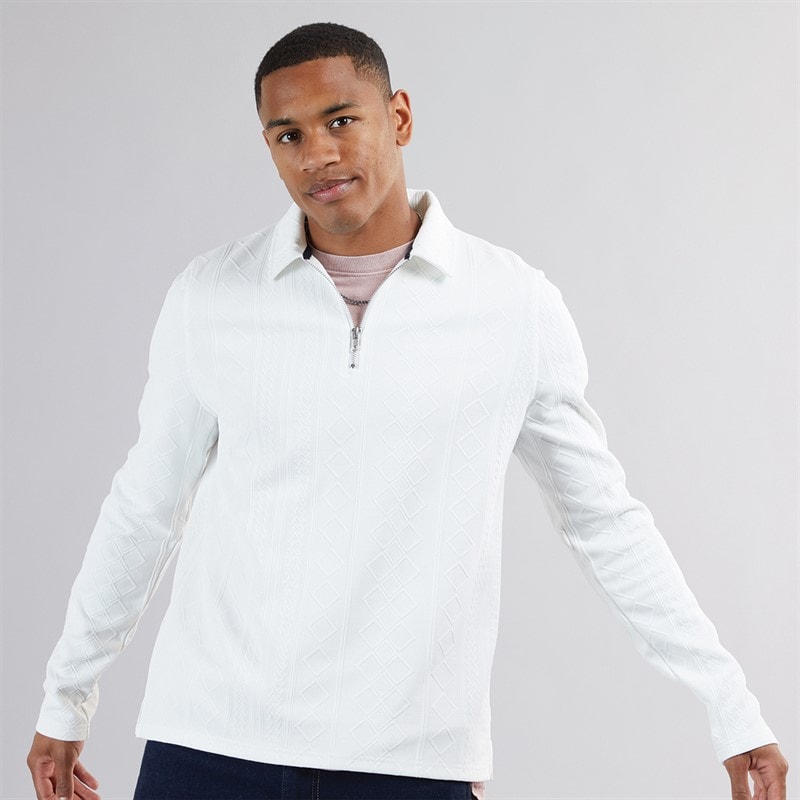 Brave Soul Mens Mellark Long Sleeve 1/4 Zip Polo Shirt Off White - Image 1
