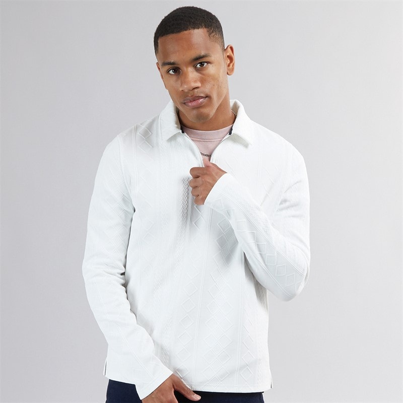 Brave Soul Mens Mellark Long Sleeve 1/4 Zip Polo Shirt Off White - Image 3