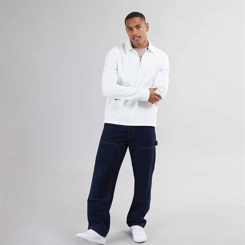Brave Soul Mens Mellark Long Sleeve 1/4 Zip Polo Shirt Off White - Image 4