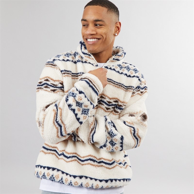 Brave Soul Mens Coleman 1/4 Zip Fleece Cream/Multi