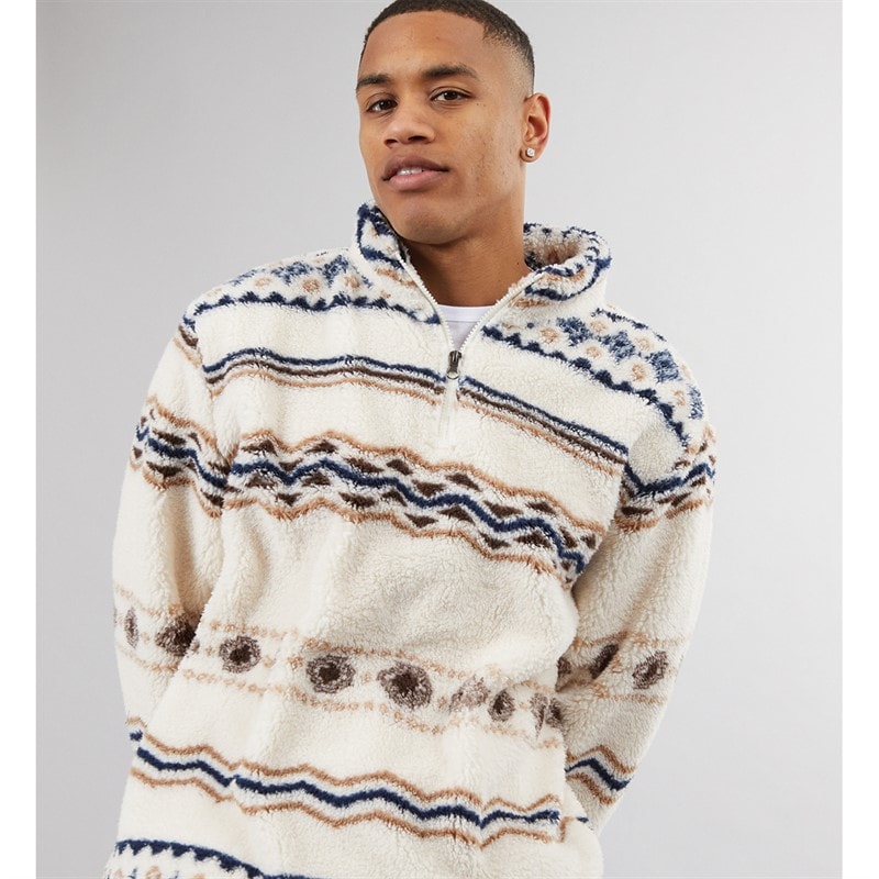 Brave Soul Mens Coleman 1/4 Zip Fleece Cream/Multi - Image 3
