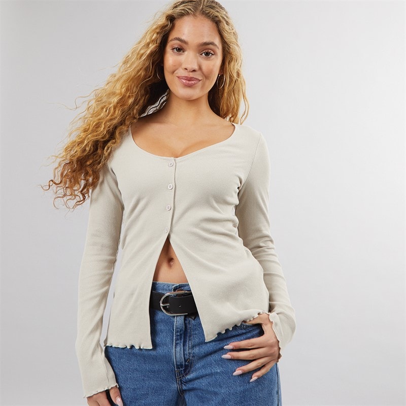 Brave Soul Womens Frill Hem Ribbed Top Stone - Image 1