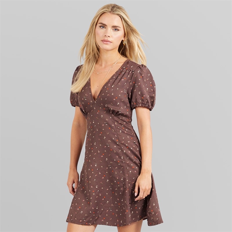 Brave Soul Womens Dancer Mini Dress Brown Floral
