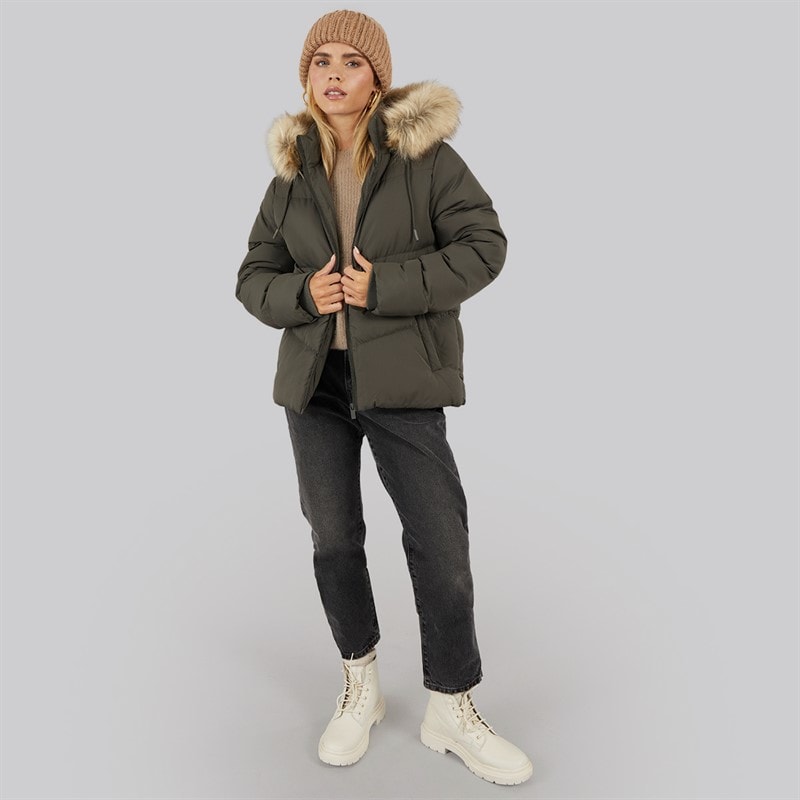 Brave Soul Womens Marcella Short Puffer Jacket Khaki - Image 4