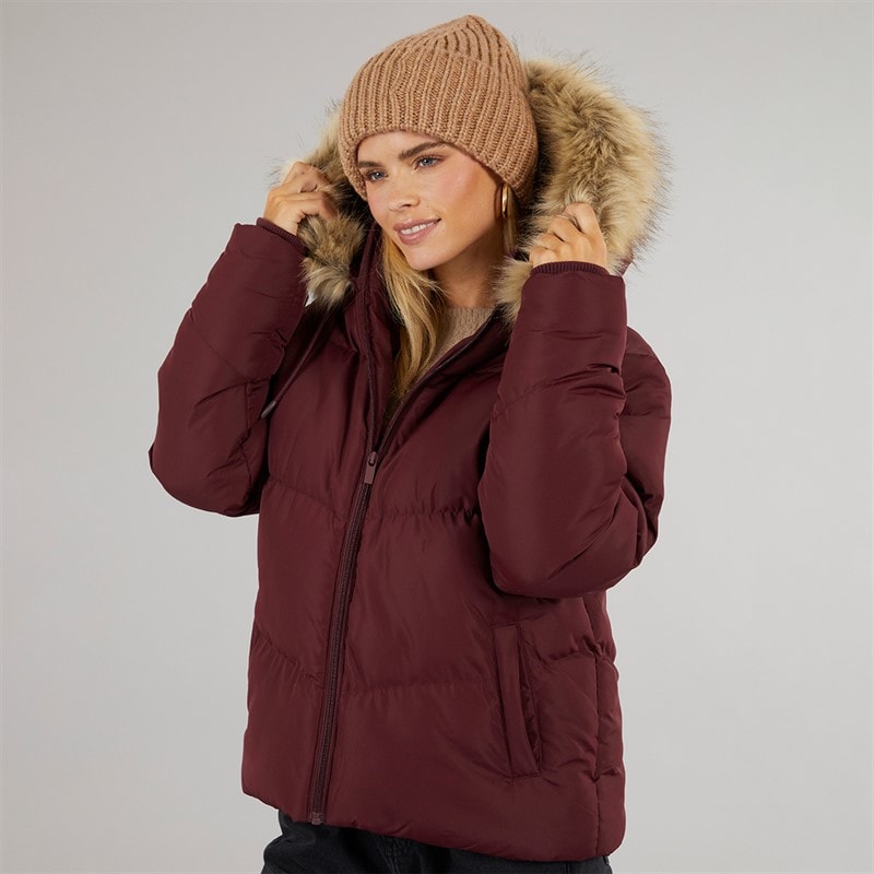Brave Soul Womens Marcella Short Puffer Jacket Burgundy - Image 3