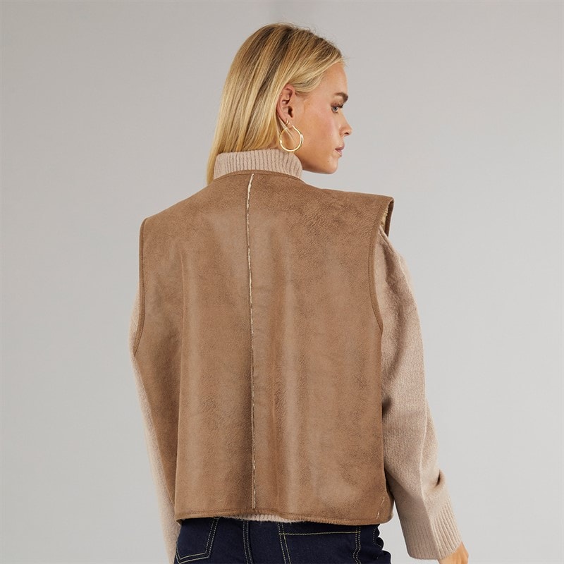 Brave Soul Womens Reversible Gilet Tan Cream - Image 2