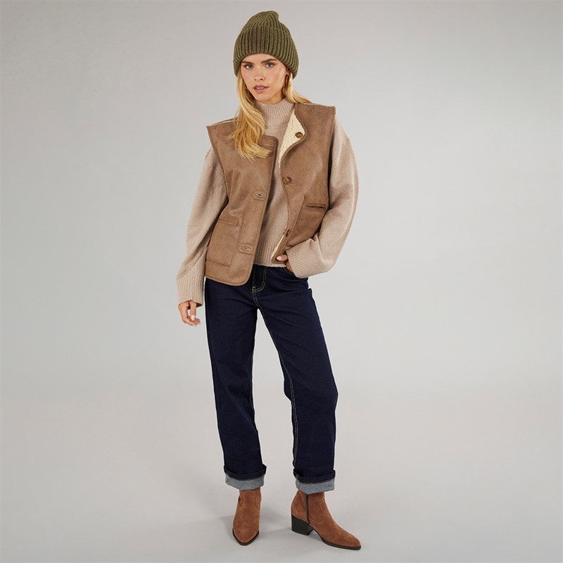 Brave Soul Womens Reversible Gilet Tan Cream - Image 4