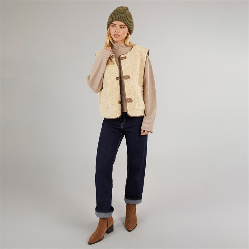 Brave Soul Womens Reversible Gilet Tan Cream - Image 5