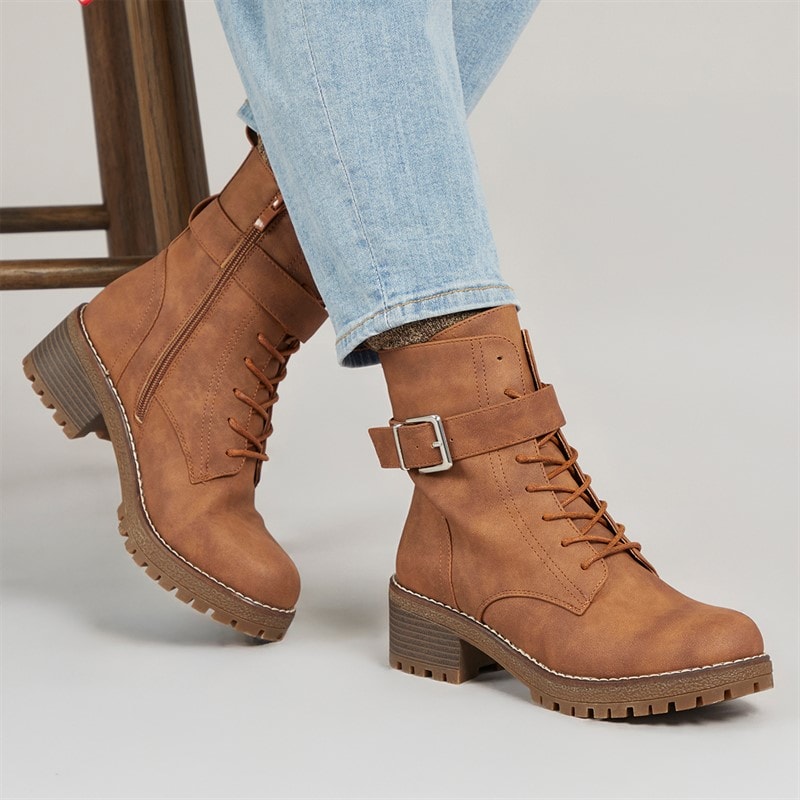 Brave Soul Womens Raye Lace Up Buckle Boots Brown - Image 1