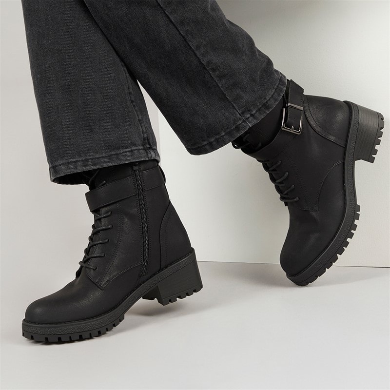 Brave Soul Womens Raye Lace Up Buckle Boots Black - Image 1