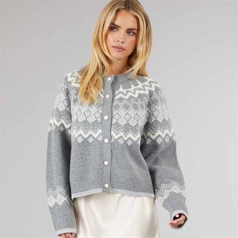 Brave Soul Womens Fansia Fairisle Cardigan Grey Melange/Ivory/Silver - Image 1