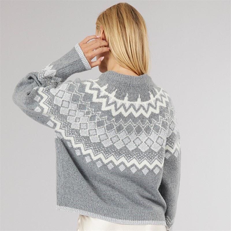 Brave Soul Womens Fansia Fairisle Cardigan Grey Melange/Ivory/Silver - Image 2