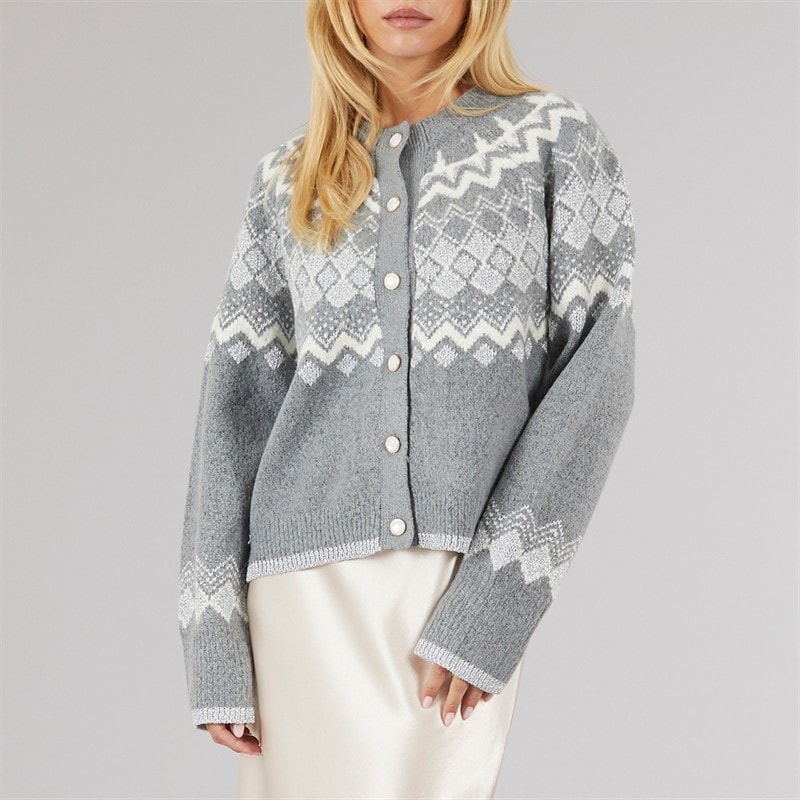 Brave Soul Womens Fansia Fairisle Cardigan Grey Melange/Ivory/Silver - Image 3