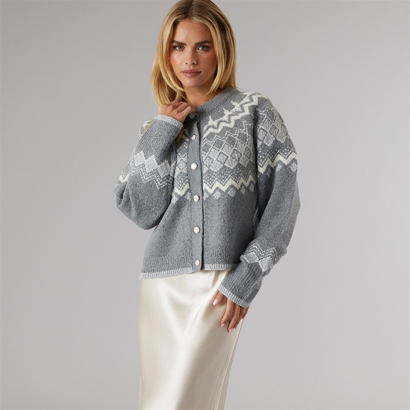 Brave Soul Womens Fansia Fairisle Cardigan Grey Melange/Ivory/Silver - Image 5