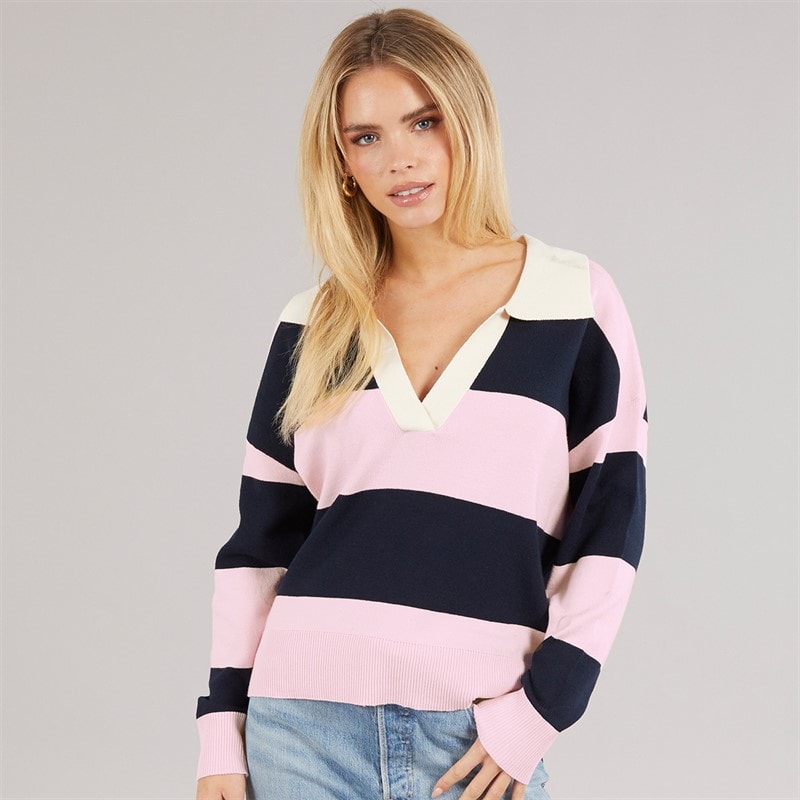 Brave Soul Womens Josie Stripe Jumper Navy/Pink