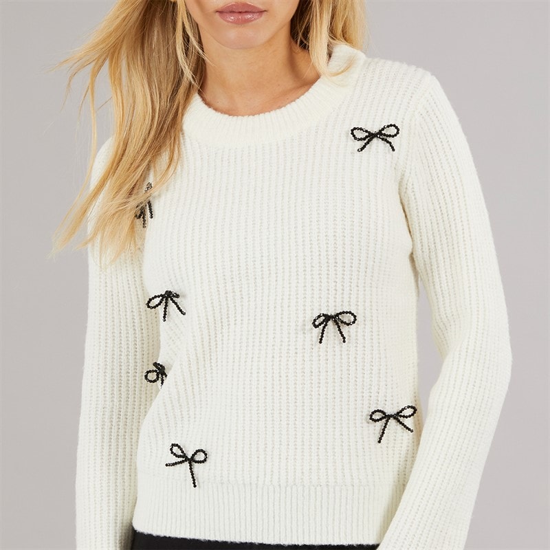 Brave Soul Womens Fisherman Crew Neck Jumper Cream/Black Bows - Image 3