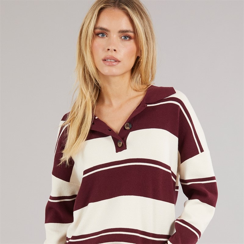 Brave Soul Womens Joe Stripe Jumper Wine/Ivory - Image 1