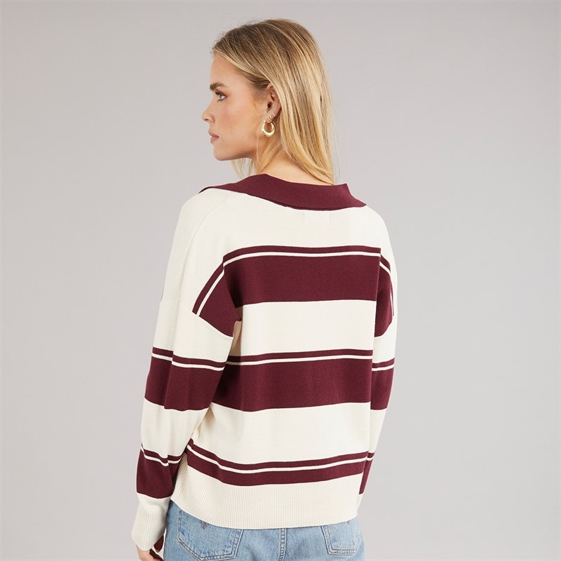 Brave Soul Womens Joe Stripe Jumper Wine/Ivory - Image 2