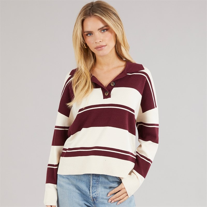 Brave Soul Womens Joe Stripe Jumper Wine/Ivory - Image 3