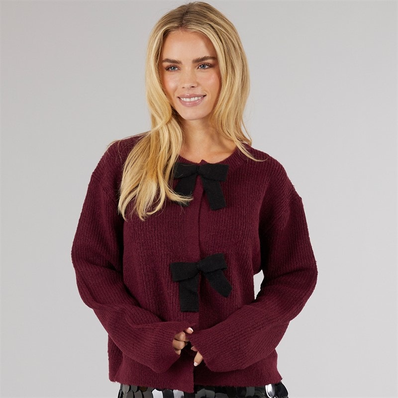 Brave Soul Womens Miya Fisherman Cardigan Aubergine/Black Bow - Image 1