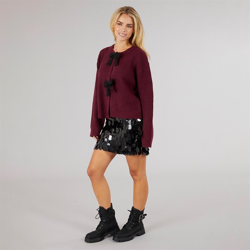 Brave Soul Womens Miya Fisherman Cardigan Aubergine/Black Bow - Image 4