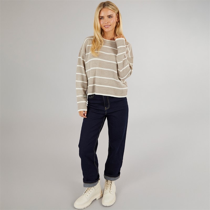 Brave Soul Womens Mason Crew Neck Jumper Mink/White Stripe - Image 4