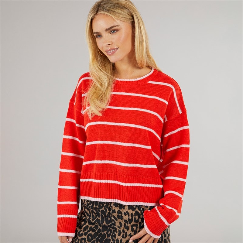 Brave Soul Womens Mason Crew Neck Jumper Red/Pink Stripe - Image 1